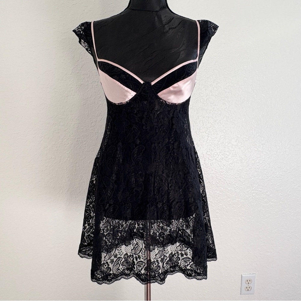 BlackLace and Pink Satin Chemise Nightgown Lingerie M
